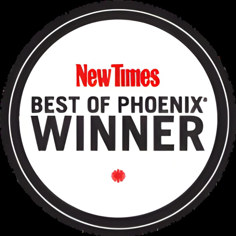 New Times Best of Phoenix Winner badge, a white circle with black text and red accents.