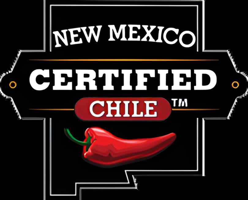 New Mexico Certified Chile logo with a red chile pepper on a black background.