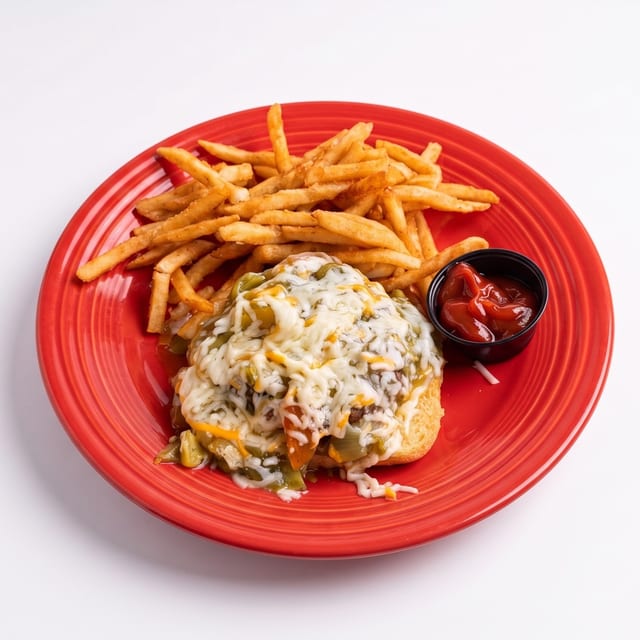 Open Face Green Chile Cheeseburger.